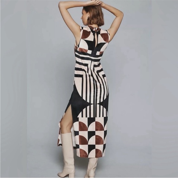 Anthropologie Black and Brown Geometric Midi Dress - Picture 2 of 9